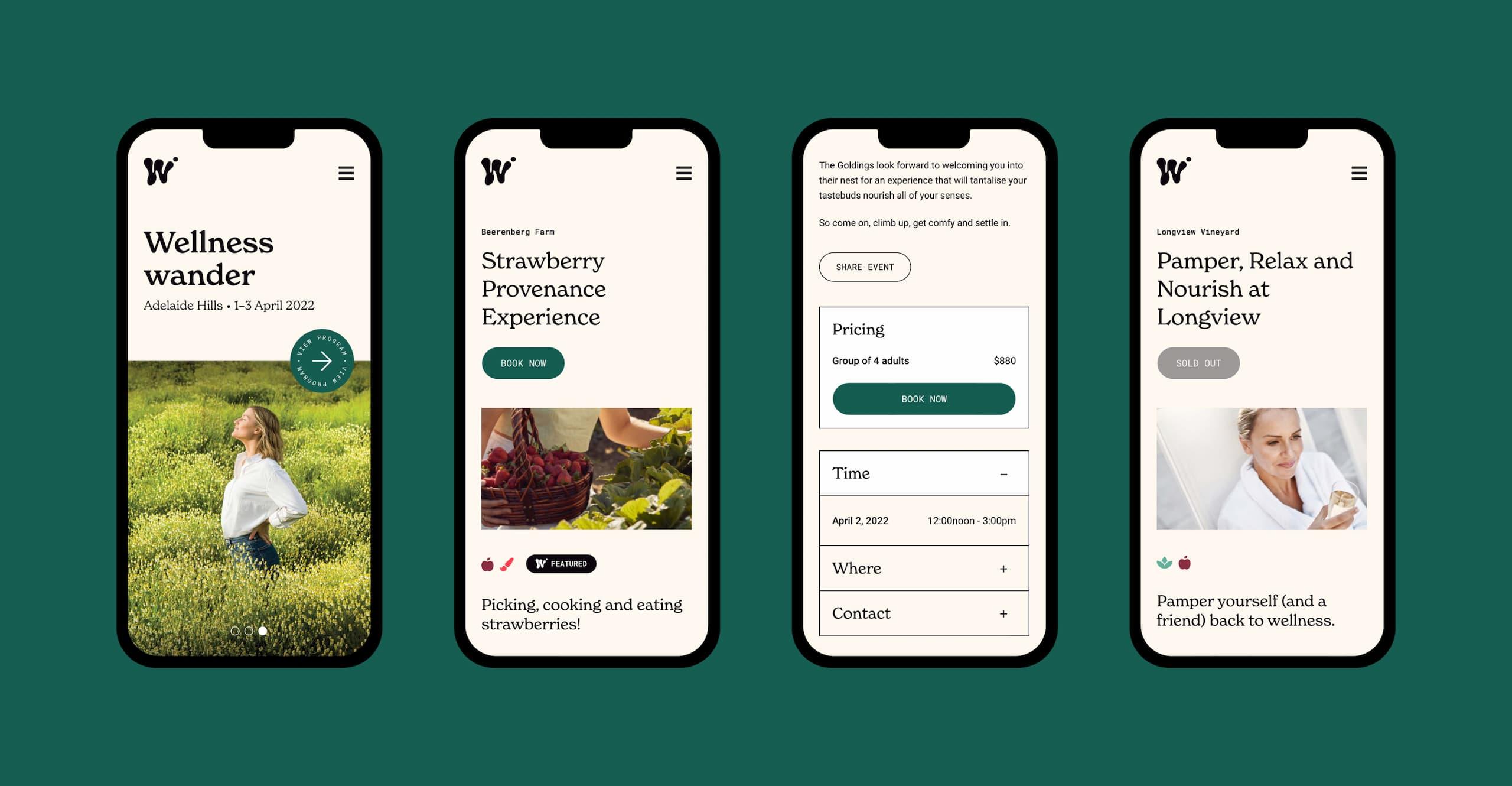 Mockups of the Wellness Wander website on mobile phones